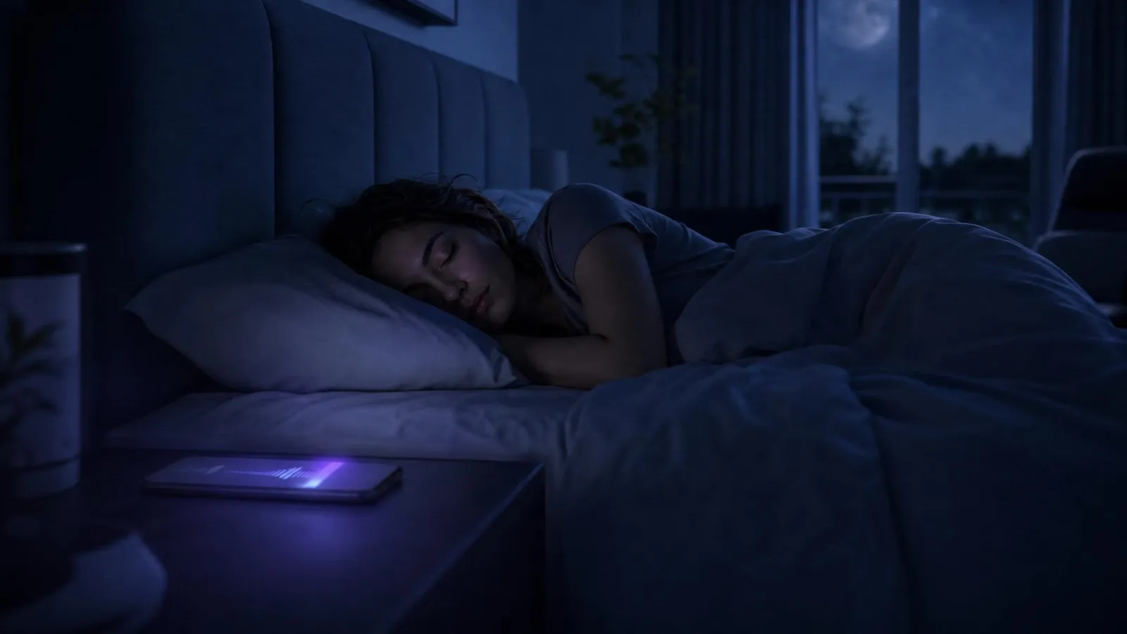 A woman sleeping alone at night with a smartphone on the nightstand showing a glowing sound-level display, illustrating how to track your own snoring on-device.