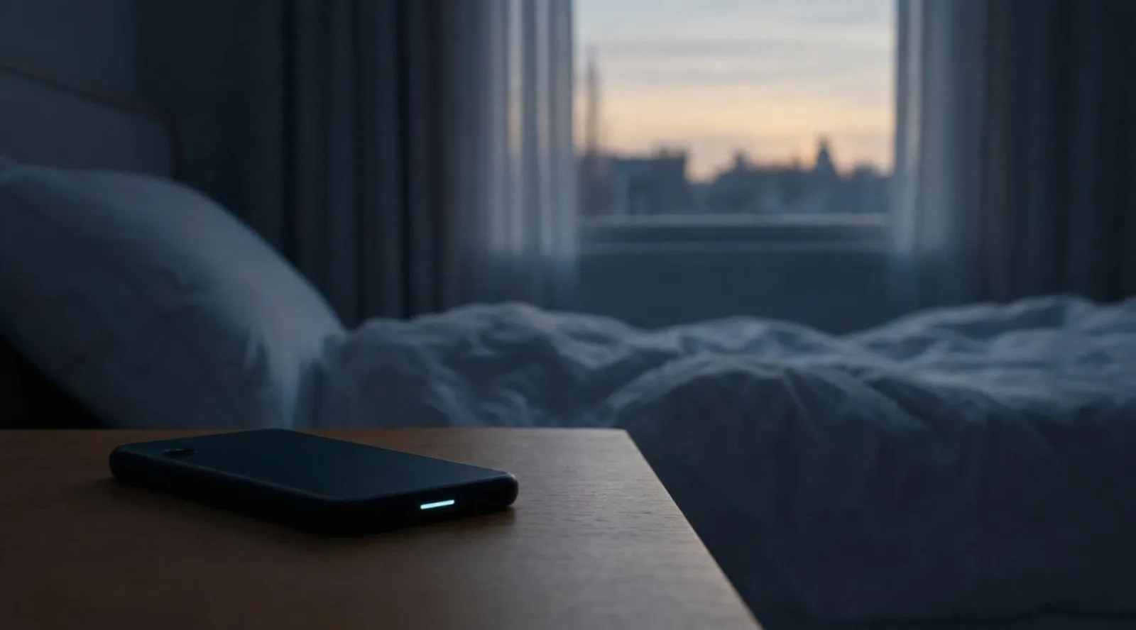 A quiet bedroom at dawn, with a phone resting on the nightstand after measuring the night.