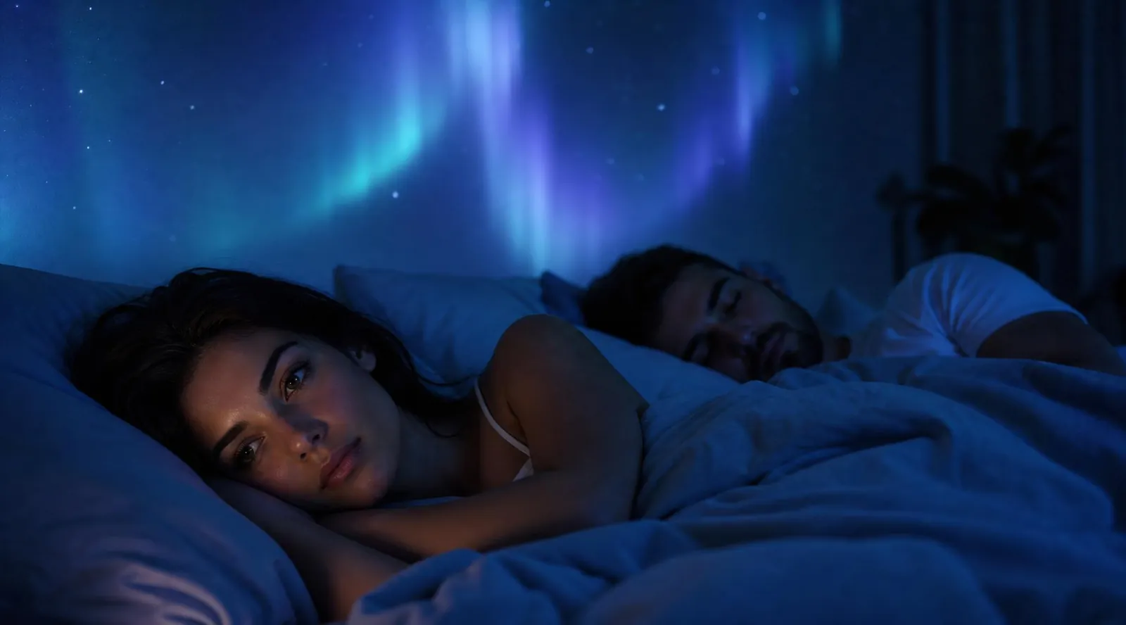 A couple in bed at night, one partner sleeping while the other rests awake, illustrating the challenge of sleeping next to someone who snores.
