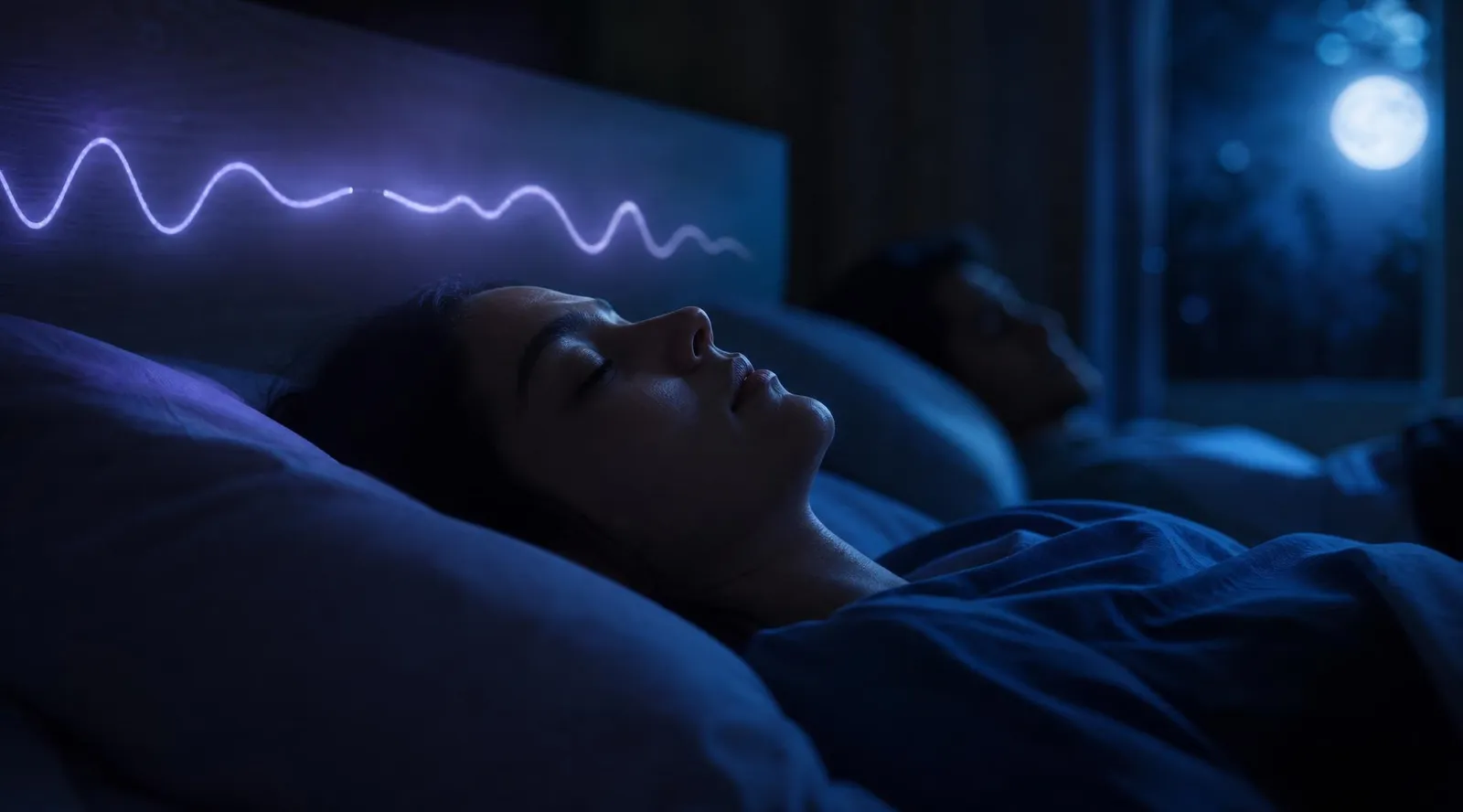 A glowing sound wave rising above a sleeping person at night, their partner asleep in the background, illustrating on-device snore measurement as a SnoreLab alternative.