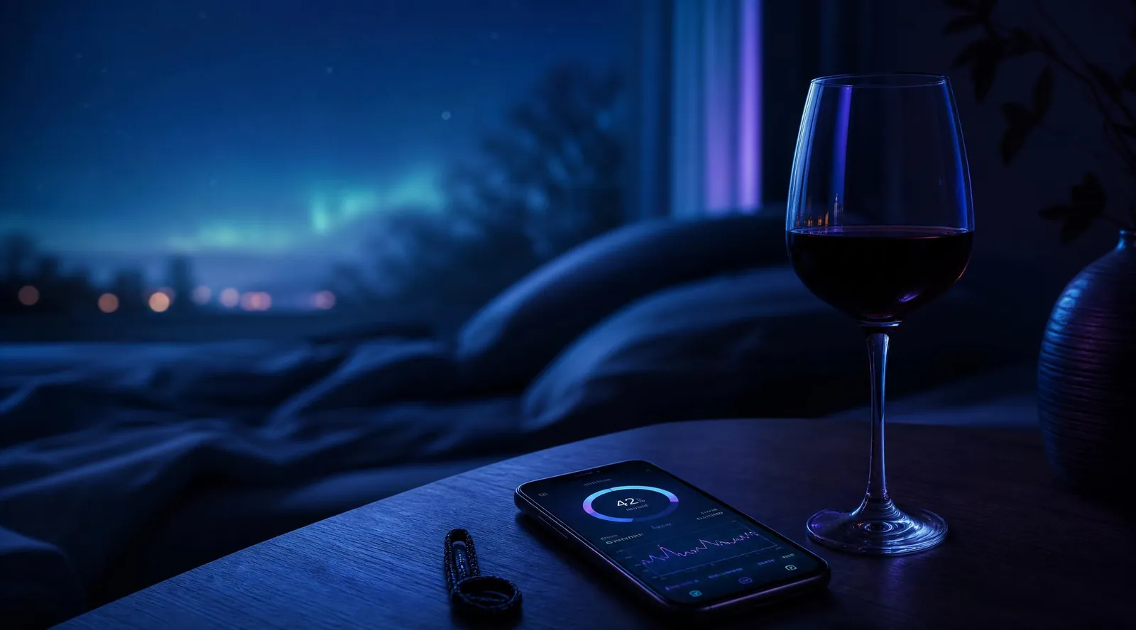 A glass of alcohol on a bedside table next to a bed at night, illustrating how drinking before sleep worsens snoring.