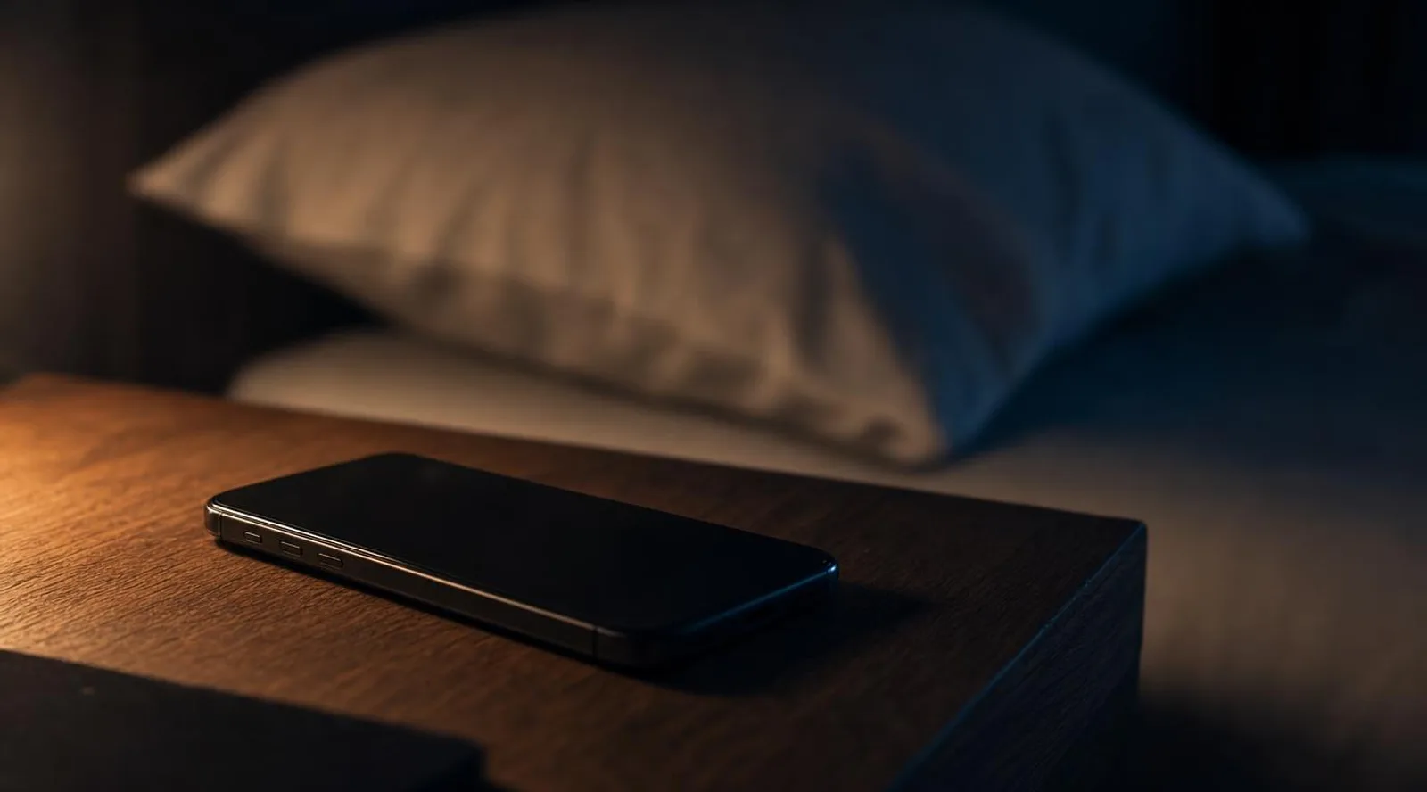 A smartphone resting on a nightstand, close to a pillow, in a dark bedroom.