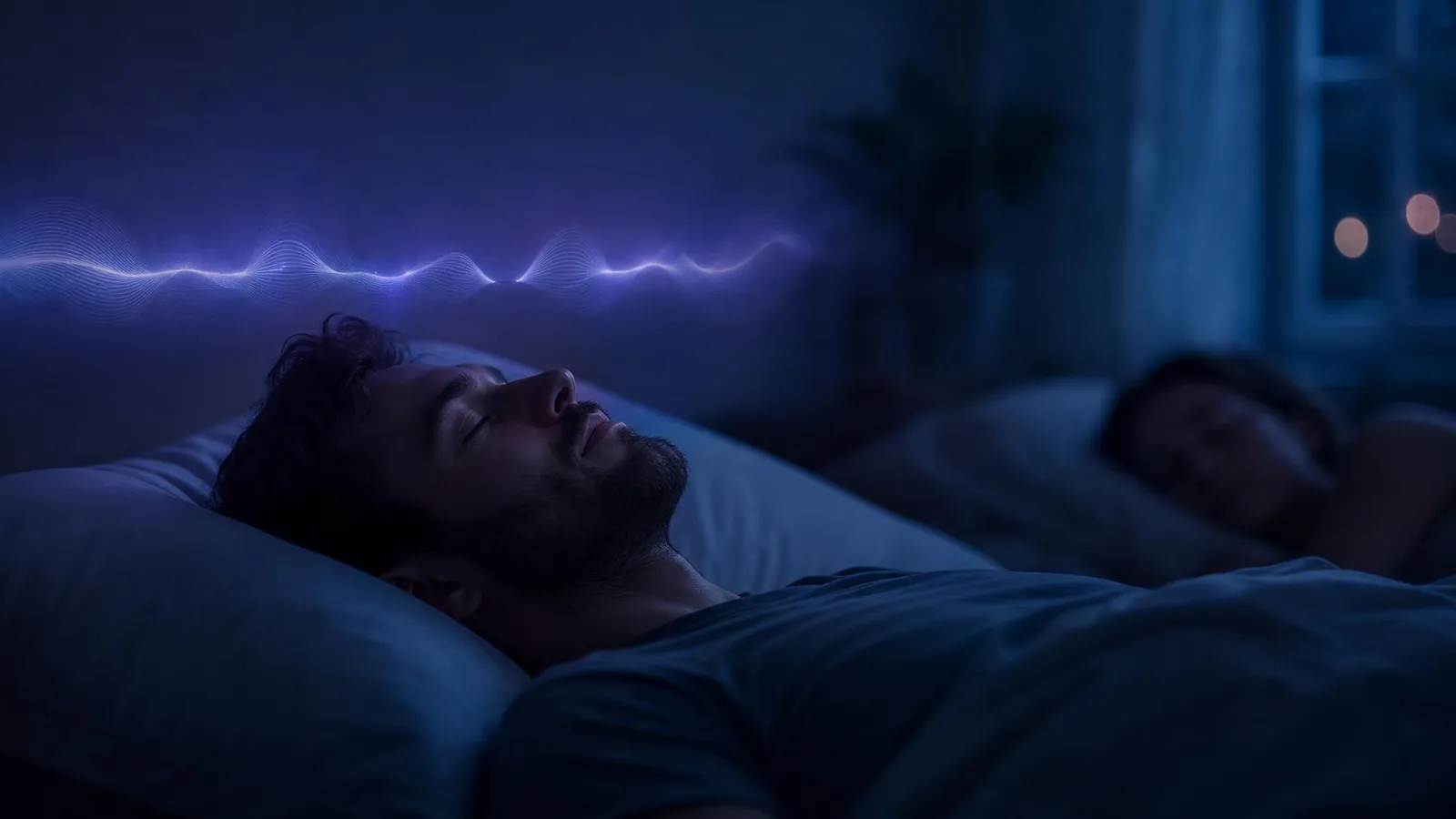 A man sleeping on his back at night with a glowing sound wave drifting above his pillow and his partner asleep behind him, illustrating the difference between snoring and sleep apnea.