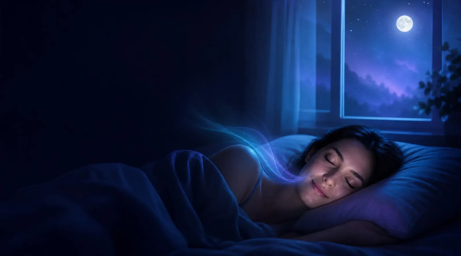 A person sleeping peacefully on their side in a calm, dimly lit bedroom, illustrating side-sleeping as a way to reduce snoring.