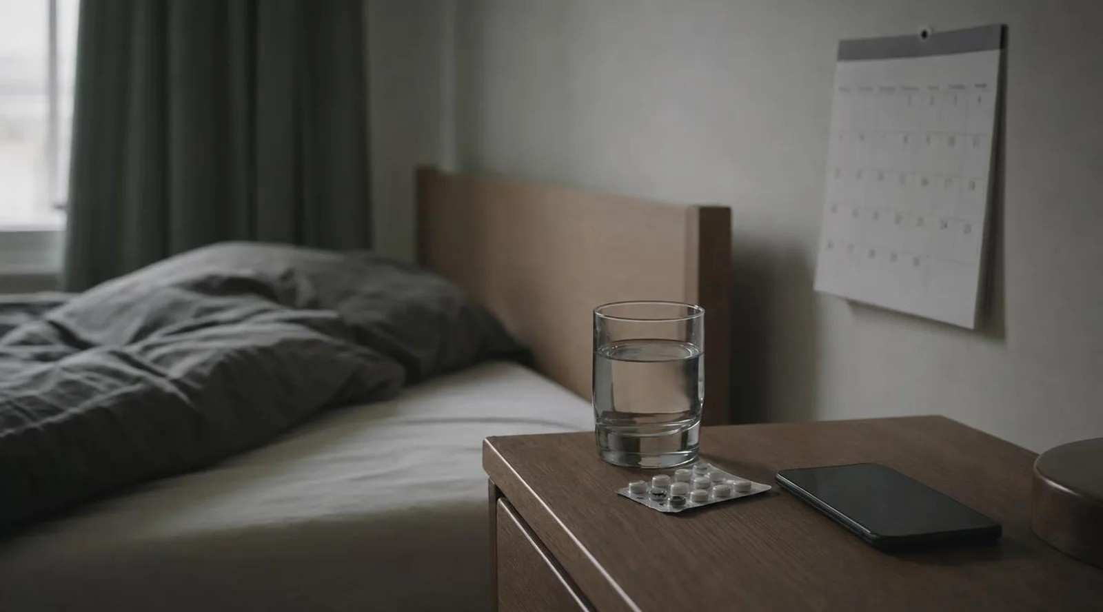 A wall calendar in a bedroom at early morning, suggesting a change that happened recently.