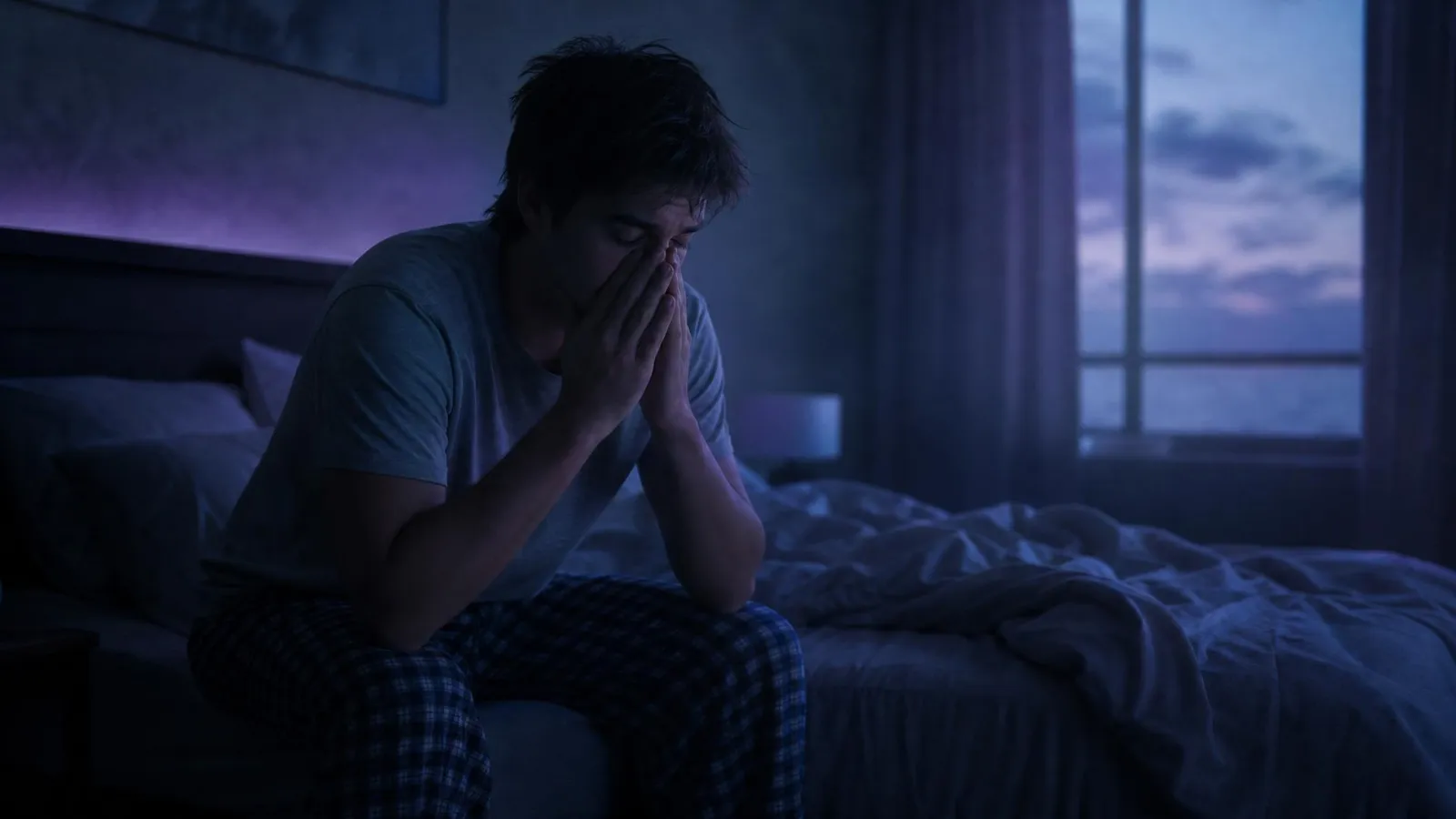 An exhausted man sitting on the edge of the bed at dawn with his head in his hands after a restless night, illustrating daytime fatigue despite a full night's sleep.