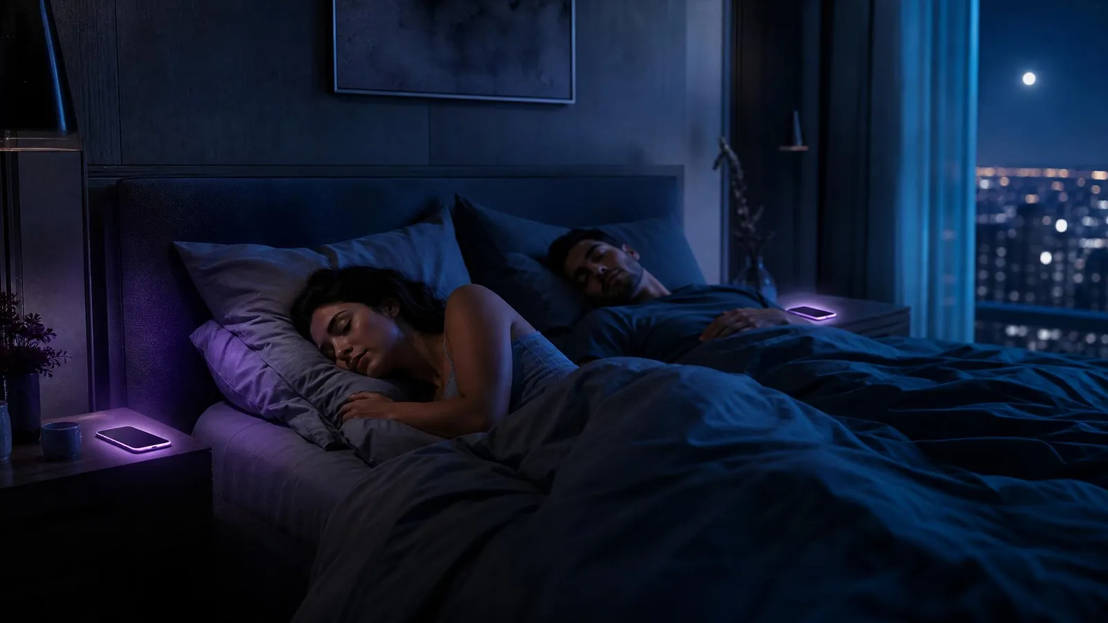 A couple asleep in a dark blue bedroom at night, with a softly glowing smartphone on each partner's nightstand, illustrating how DuoSnore measures each person's snoring on their own phone.